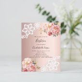 Roos gouden roze bloemen kant doopuitnodiging (Staand voorkant)