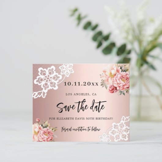Roos gouden roze bloemen verjaardag Save the Date (Staand voorkant)