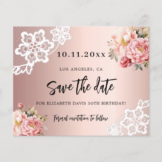 Roos gouden roze bloemen verjaardag Save the Date (Voorkant)