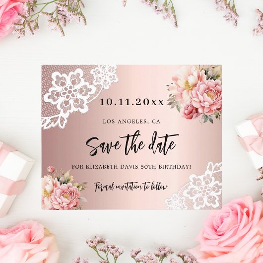 Roos gouden roze bloemen verjaardag Save the Date 