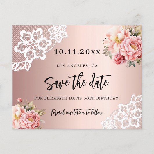 Roos gouden roze bloemen verjaardag Save the Date Flyer (Voorkant)