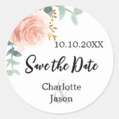 Roos gouden roze bloemenbruiloft save the date ronde sticker (Voorkant)