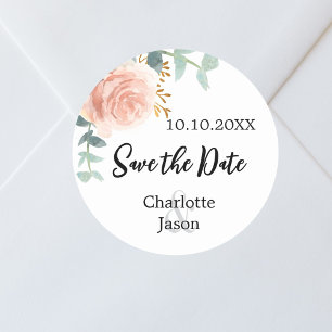 Roos gouden roze bloemenbruiloft save the date ronde sticker