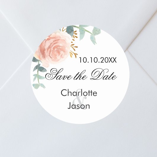Roos gouden roze bloemenbruiloft save the date ronde sticker