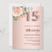 Roos gouden roze bloemengroen Quinceanera Kaart (Voorkant)