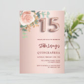 Roos gouden roze bloemengroen Quinceanera Kaart (Staand voorkant)