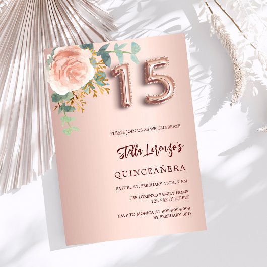 Roos gouden roze bloemengroen Quinceanera Kaart