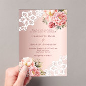 Roos gouden roze bloemenkant bruiloft acryl uitnodigingen (Insitu (Draagbaar))