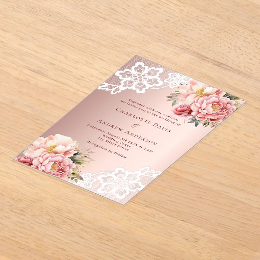 Roos gouden roze bloemenkant bruiloft acryl uitnodigingen (Laagn)