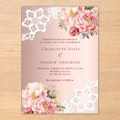 Roos gouden roze bloemenkant bruiloft acryl uitnodigingen (Voorkant)