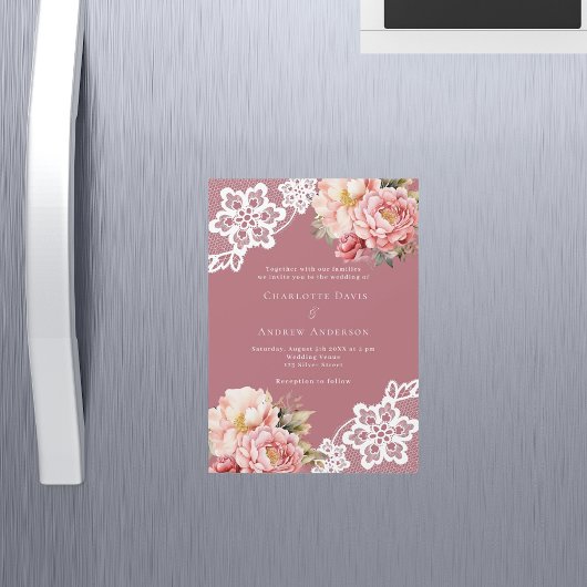 Roos gouden roze bloemenkant luxe bruiloft magnetische uitnodiging