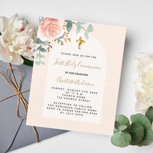 Roos gouden roze bloemenkruis budget Eerste Commun