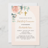 Roos gouden roze bloemenkruis Eerste Communie Kaart (Voorkant)