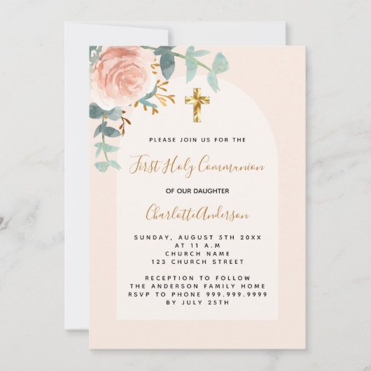 Roos gouden roze bloemenkruis Eerste Communie Kaart (Voorkant)