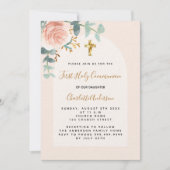 Roos gouden roze bloemenkruis luxe First Communion Kaart (Voorkant)