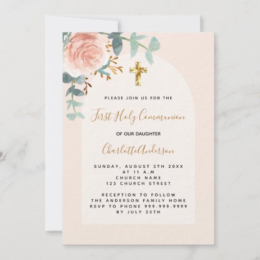 Roos gouden roze bloemenkruis luxe First Communion Kaart (Voorkant)