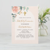 Roos gouden roze bloemenkruis luxe First Communion Kaart (Staand voorkant)