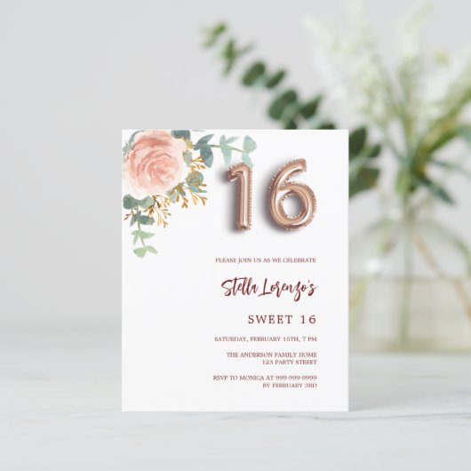 Roos gouden roze bloemenzoete 16 budget uitnodigin (Staand voorkant)