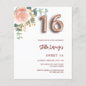 Roos gouden roze bloemenzoete 16 budget uitnodigin (Voorkant)