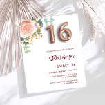Roos gouden roze bloemenzoete 16 budget uitnodigin<br><div class="desc">Een moderne, stijlvolle en glamoureuze uitnodiging voor het Sweet 16, 16th verjaardagsfeestje van een meisje. Witte achtergrond. Versierd met een rozen gouden en blozend roze bloemmotief. De naam is geschreven met een modern donker roos goudkleurig handschrift. Personaliseer en voeg uw feestdetails toe. Nummer 16 is geschreven met een ballonstijl lettertype,...</div>