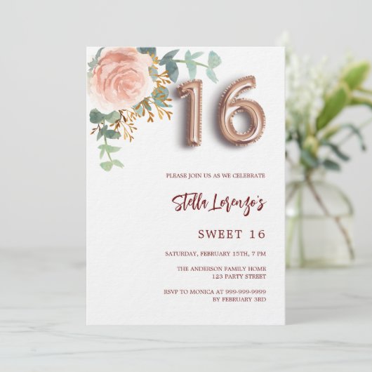 Roos gouden roze bloemgroen Sweet 16 luxe Kaart (Staand voorkant)