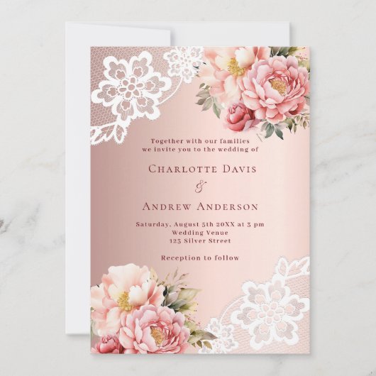 Roos gouden roze bloemstukken kanten bruiloft kaart (Voorkant)