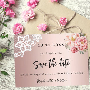 Roos gouden roze bloemstukken kanten bruiloft save the date