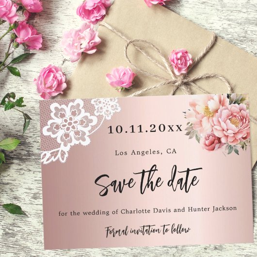 Roos gouden roze bloemstukken kanten bruiloft save the date