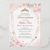 Roos Gouden Roze Blush Vlinder Bloemen Quinceanera Folie Uitnodiging (Voorkant)