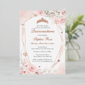 Roos Gouden Roze Blush Vlinder Bloemen Quinceanera Folie Uitnodiging (Staand Voorkant)