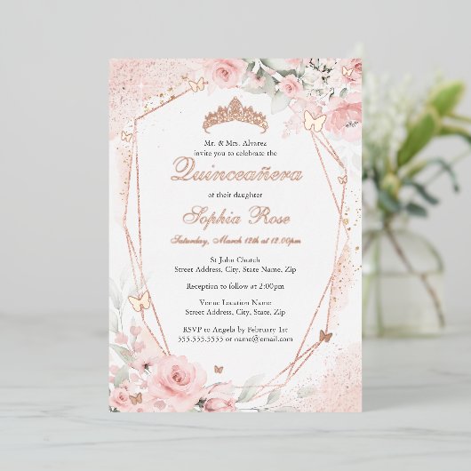 Roos Gouden Roze Blush Vlinder Bloemen Quinceanera Folie Uitnodiging (Staand Voorkant)