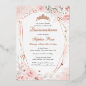 Roos Gouden Roze Blush Vlinder Bloemen Quinceanera Folie Uitnodiging (Voorkant)