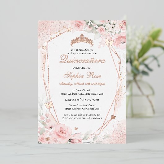 Roos Gouden Roze Blush Vlinder Bloemen Quinceanera Folie Uitnodiging (Staand Voorkant)