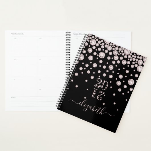 Roos gouden roze diamanten zwart glam 2025 planner (Display)