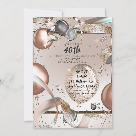 Roos Gouden Roze Glitter Ballonnen 40e Verjaardag Kaart (Voorkant)