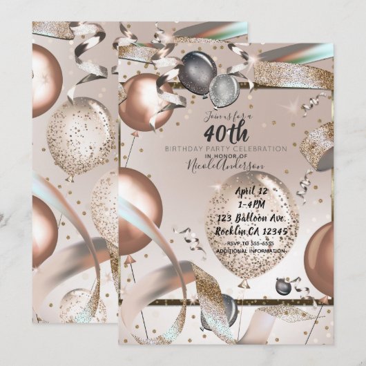 Roos Gouden Roze Glitter Ballonnen 40e Verjaardag Kaart (Voorkant / Achterkant)