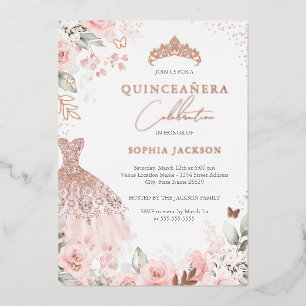 Roos Gouden Roze Jurk Bloemen Quinceanera Folie Uitnodiging