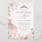 Roos Gouden Roze Jurk Bloemen Quinceanera Folie Uitnodiging (Voorkant)