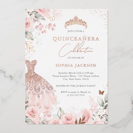 Roos Gouden Roze Jurk Bloemen Quinceanera Folie Uitnodiging (Voorkant)