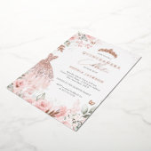 Roos Gouden Roze Jurk Bloemen Quinceanera Folie Uitnodiging (Gedraaid)