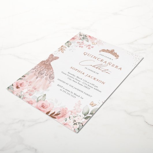 Roos Gouden Roze Jurk Bloemen Quinceanera Folie Uitnodiging (Gedraaid)