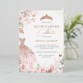 Roos Gouden Roze Jurk Bloemen Quinceanera Folie Uitnodiging (Staand Voorkant)