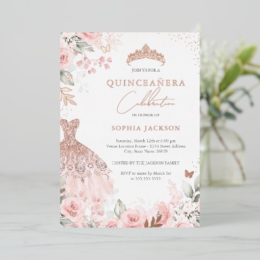Roos Gouden Roze Jurk Bloemen Quinceanera Folie Uitnodiging (Staand Voorkant)