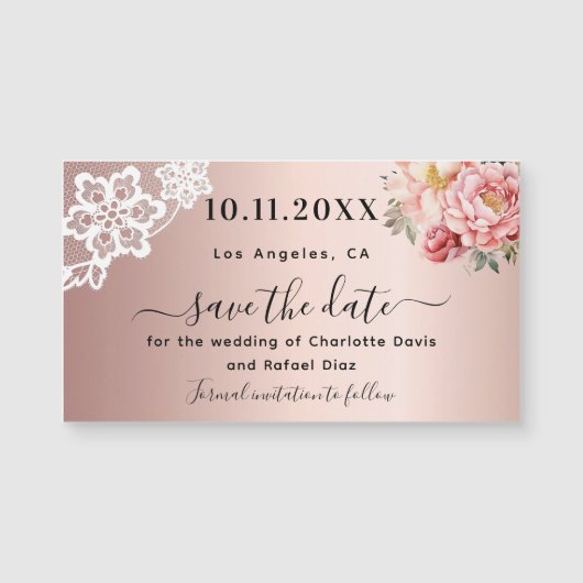 Roos gouden roze kant bruiloft Save the Date magne (Voorkant)