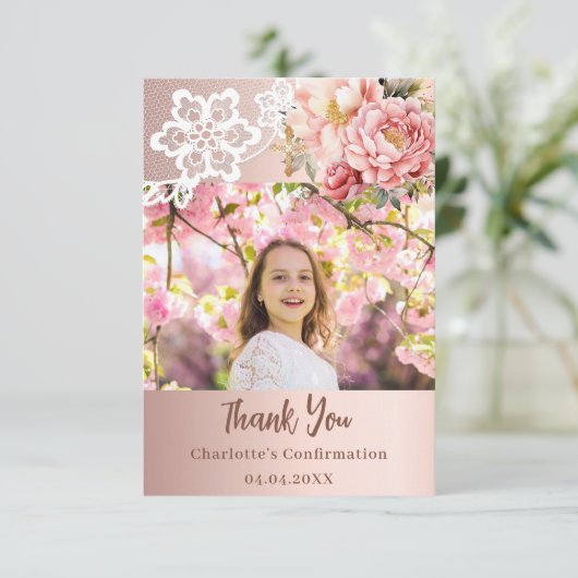 Roos gouden roze kant meisje Bevestiging foto Bedankkaart (Staand voorkant)