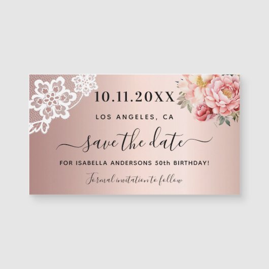 Roos gouden roze kant verjaardag Save the Date mag (Voorkant)