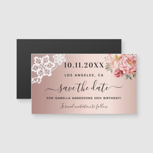 Roos gouden roze kant verjaardag Save the Date mag (Voorkant / Achterkant)