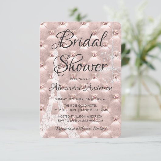 Roos Gouden Roze Paris Bruidsdouche Uitnodiging (Staand voorkant)