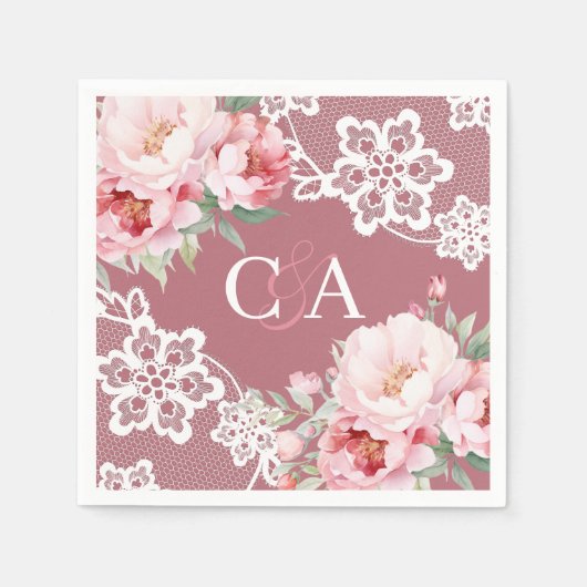 Roos gouden roze rozen bloemen monogram bruiloft servet (Voorkant)