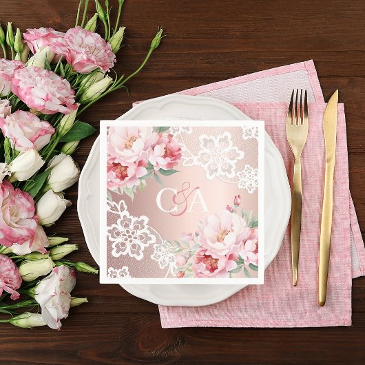 Roos gouden roze rozen bloemenmonogram bruiloft servet